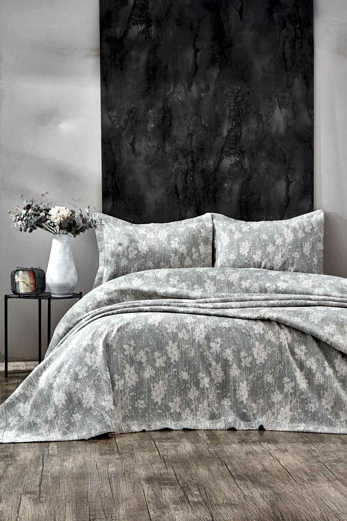 Lotus Çiçek Desenli Jakarlı Çift Kişilik Yatak Örtüsü - Nazik Home - Yuvama Değer!