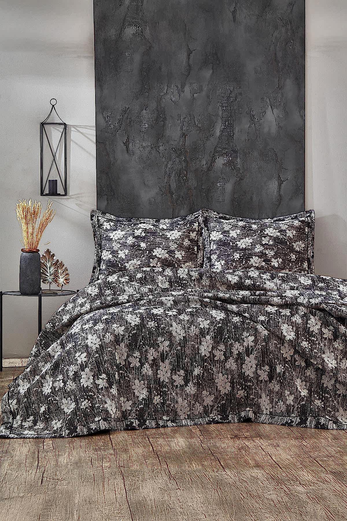 Lotus Çiçek Desenli Jakarlı Çift Kişilik Yatak Örtüsü - Nazik Home - Yuvama Değer!