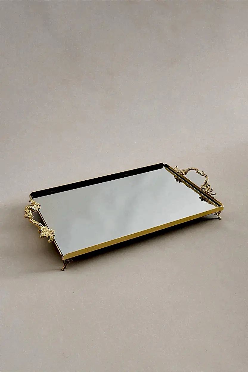 Mabel Zarif Kulplu Altın Büyük Tepsi (40 x 26 cm) - Nazik Home - Yuvama Değer!