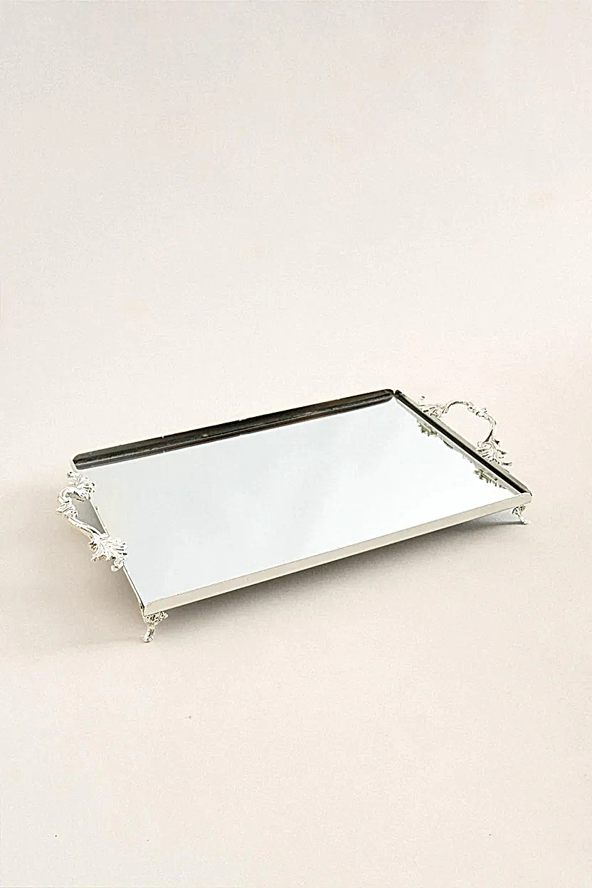 Mabel Zarif Kulplu Gümüş Büyük Tepsi (40 x 26 cm) - Nazik Home - Yuvama Değer!