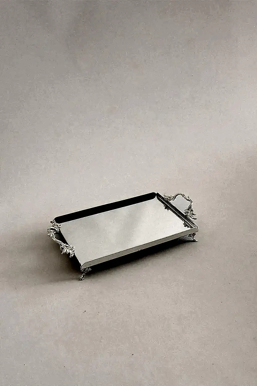 Mabel Zarif Kulplu Gümüş Küçük Tepsi (26 x 18 cm) - Nazik Home - Yuvama Değer!