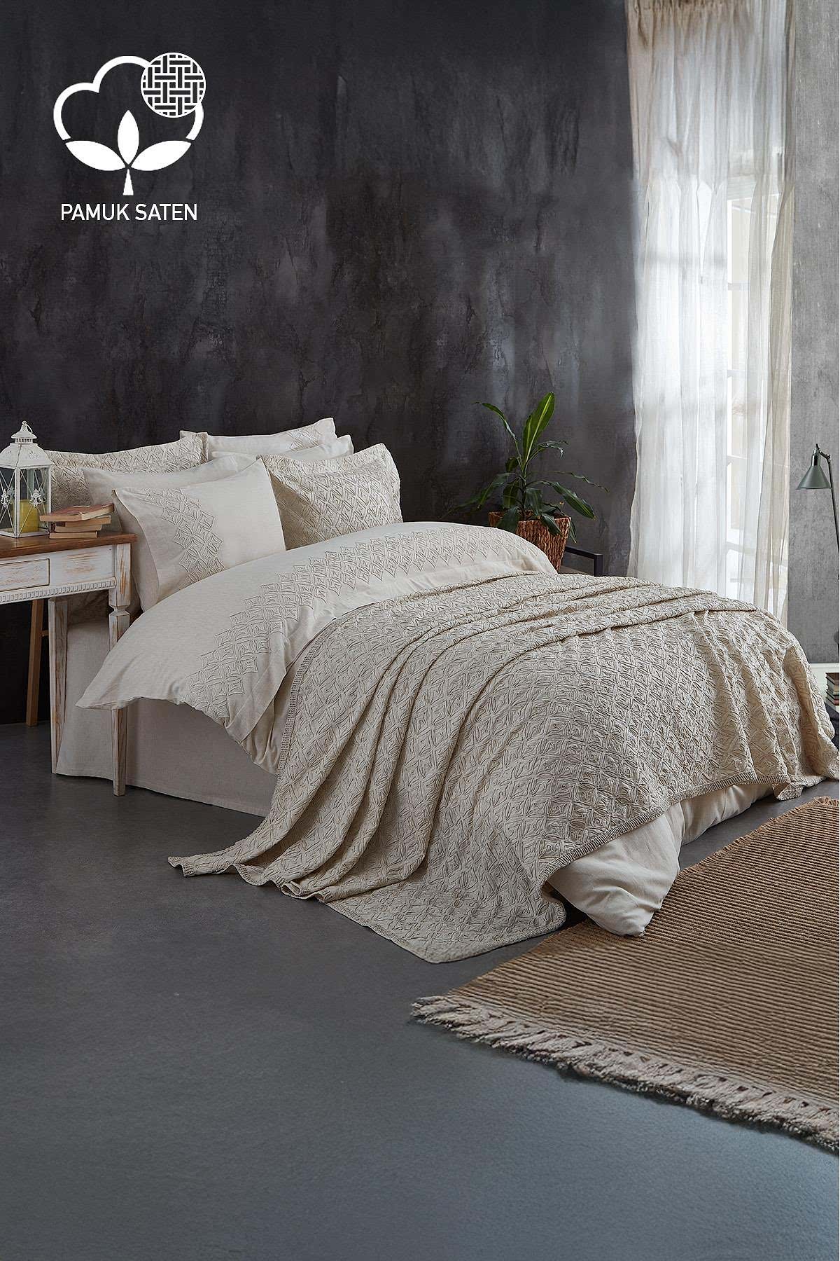 Maria İşlemeli Çift Kişilik 9 Parça Nevresim + Pike Set - Nazik Home - Yuvama Değer!