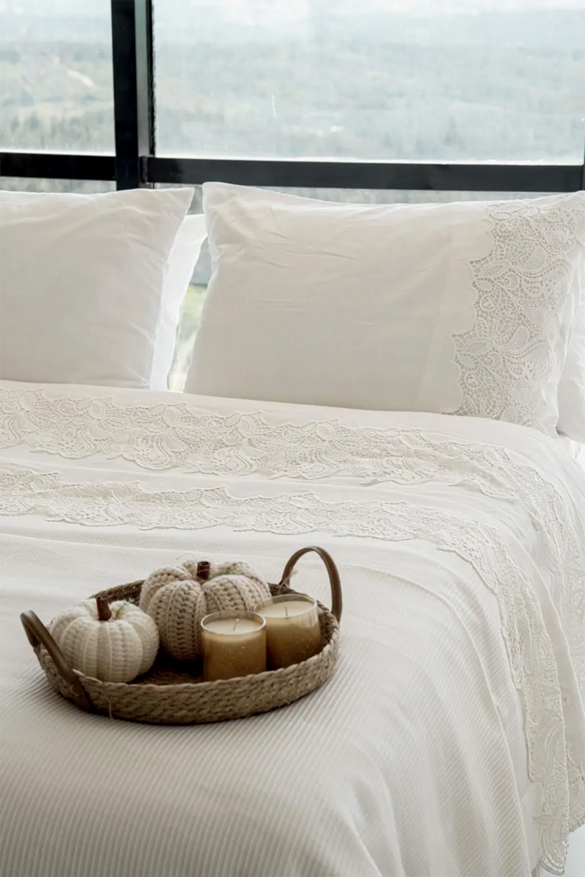 Mirena Dantelli Çift Kişilik 7 Parça Nevresim + Pike Set