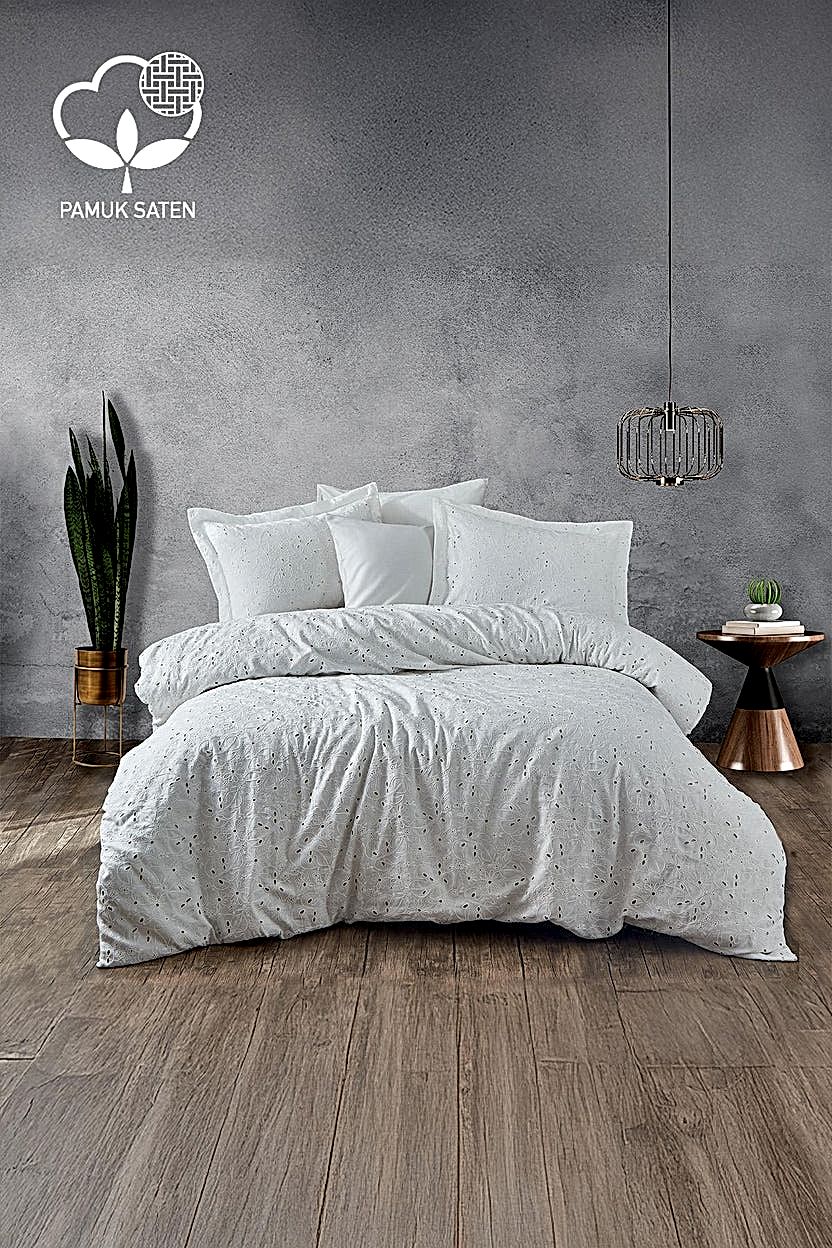 Nill İşlemeli Pamuk Saten Çift Kişilik 6 Parça Nevresim Takımı - Nazik Home - Yuvama Değer!