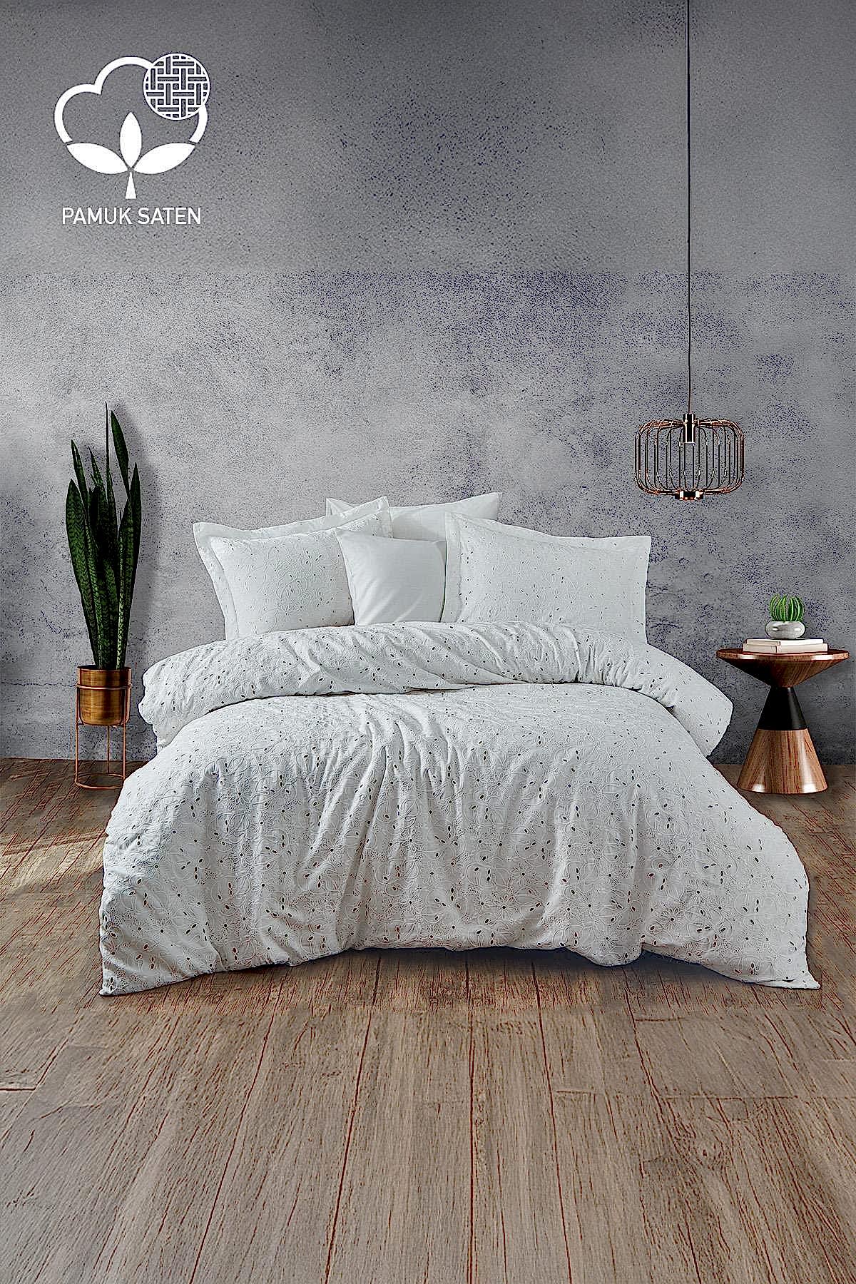 Nill İşlemeli Pamuk Saten Çift Kişilik 6 Parça Nevresim Takımı - Nazik Home - Yuvama Değer!