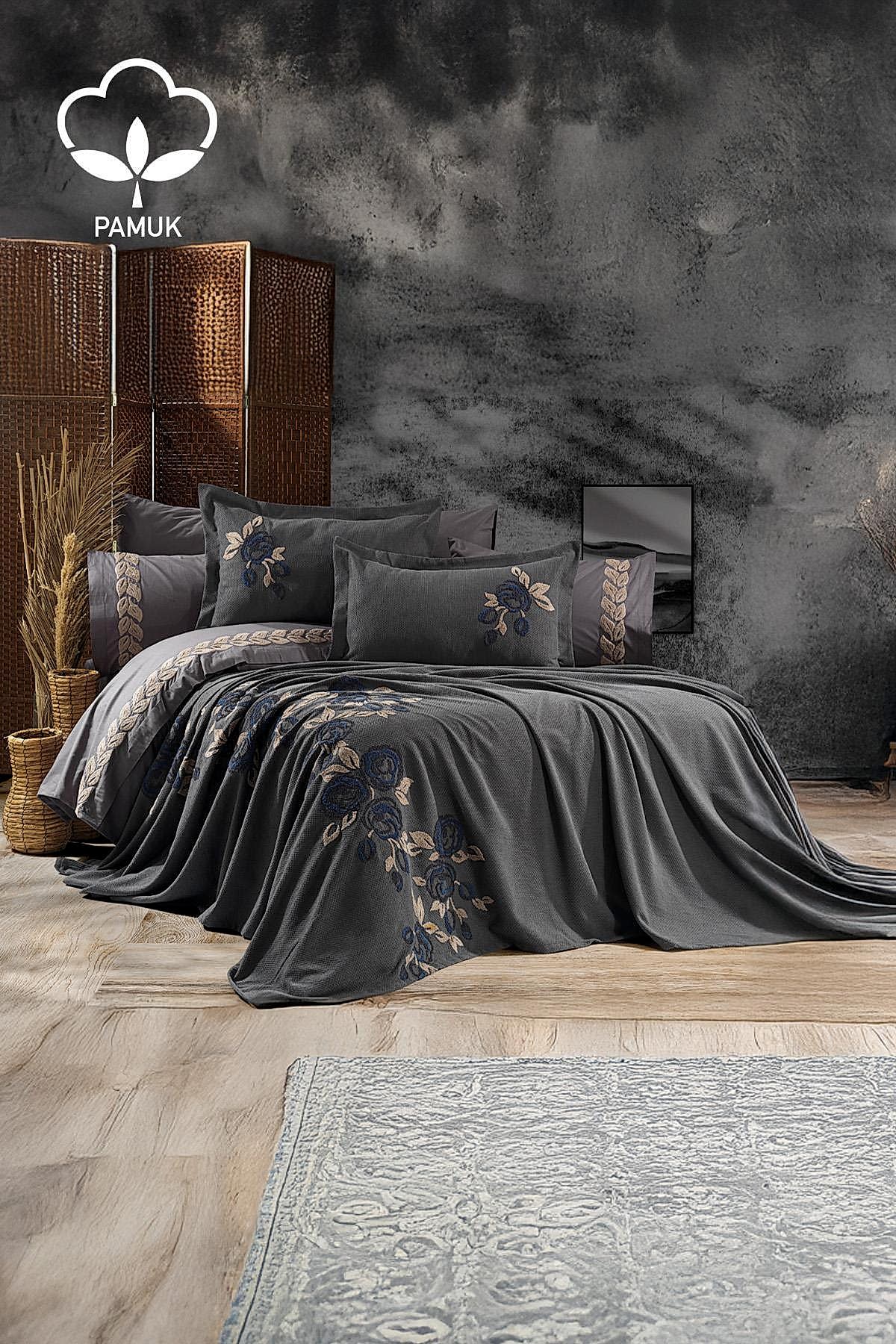 Oasis Çiçek Nakışlı Çift Kişilik 9 Parça Nevresim + Pike Set - Nazik Home - Yuvama Değer!