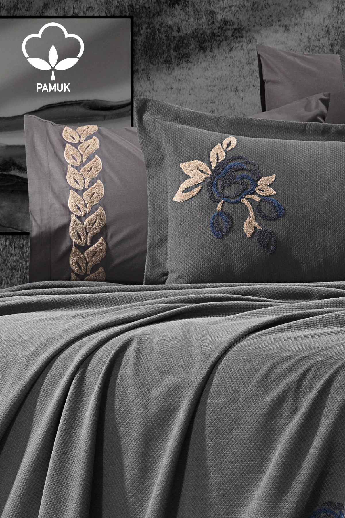 Oasis Çiçek Nakışlı Çift Kişilik 9 Parça Nevresim + Pike Set - Nazik Home - Yuvama Değer!