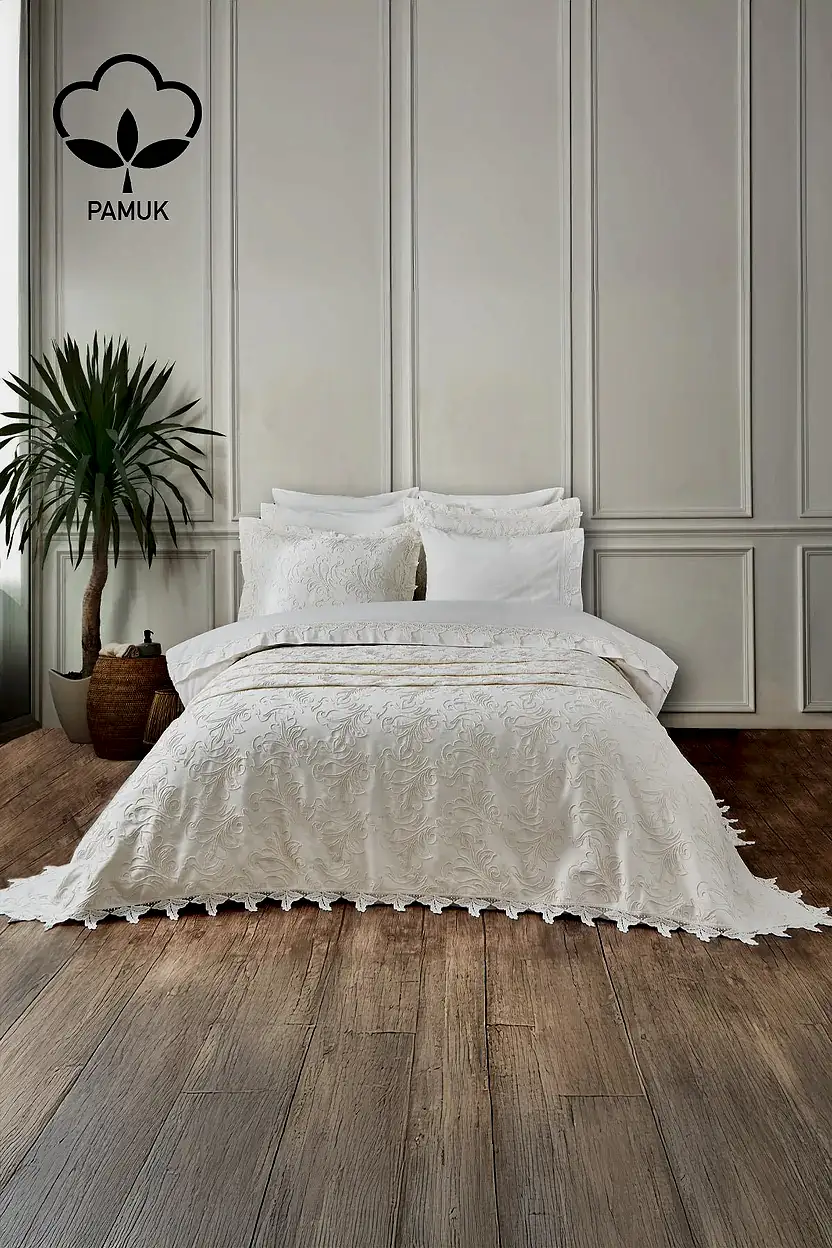 Ribera İşlemeli Çift Kişilik 9 Parça Nevresim + Pike Set - Nazik Home - Yuvama Değer!