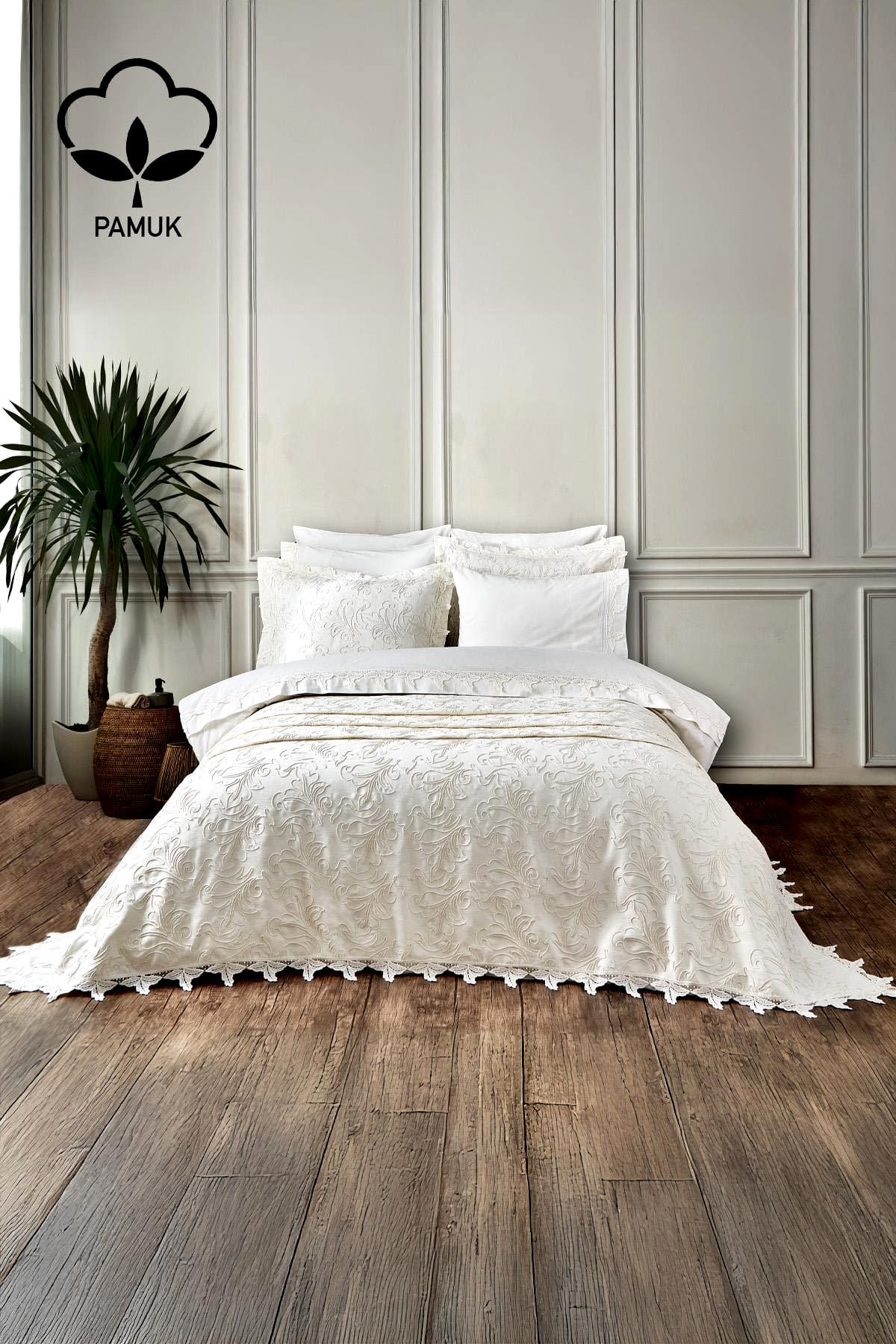 Ribera İşlemeli Çift Kişilik 9 Parça Nevresim + Pike Set - Nazik Home - Yuvama Değer!