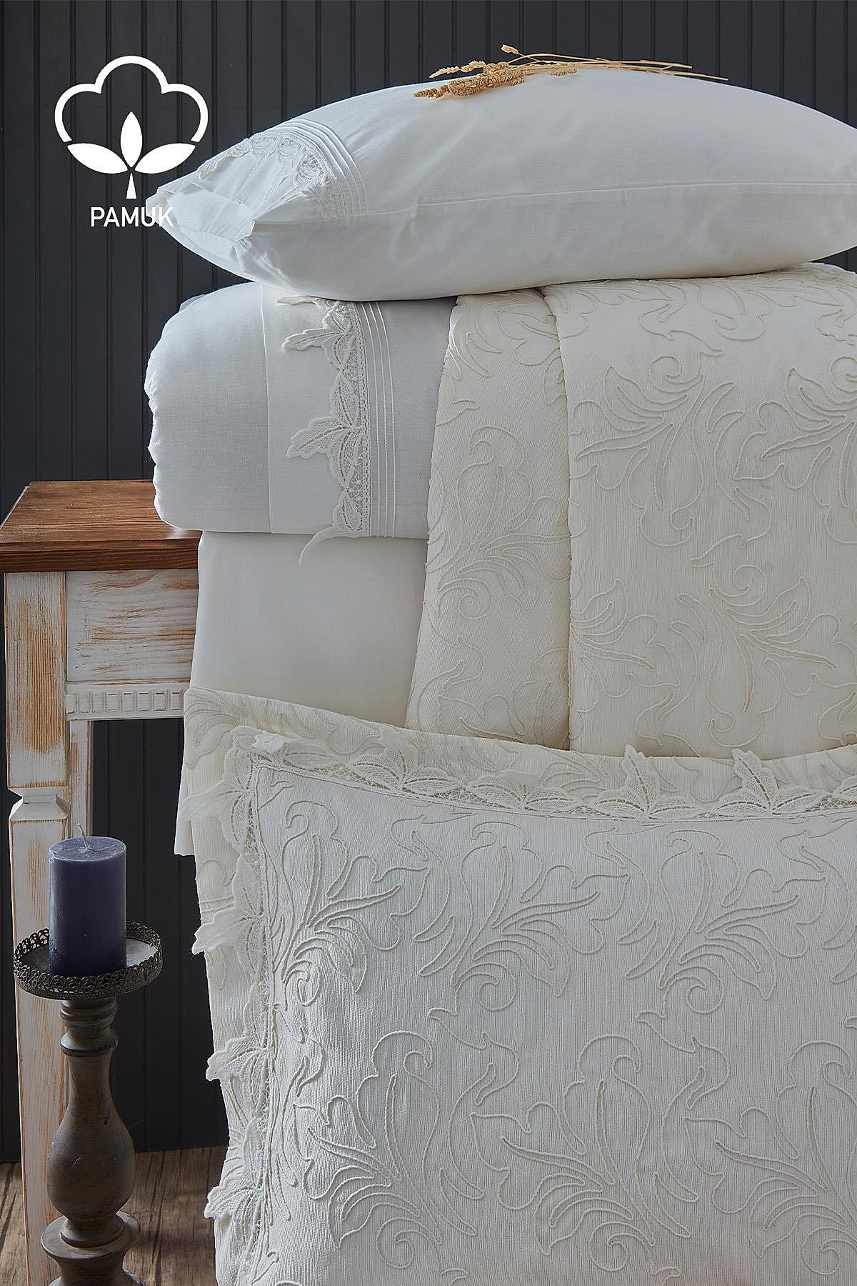 Ribera İşlemeli Çift Kişilik 9 Parça Nevresim + Pike Set - Nazik Home - Yuvama Değer!