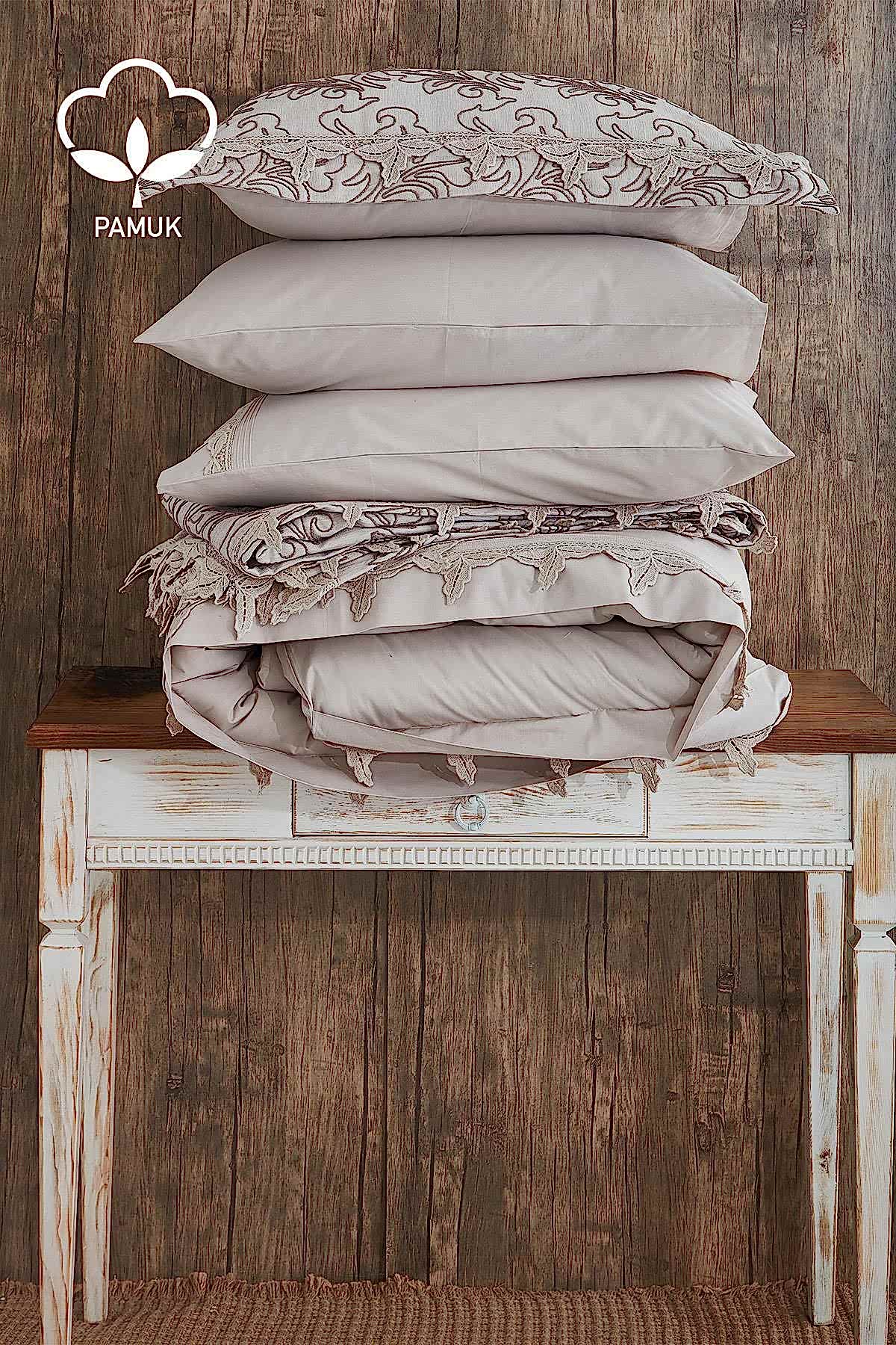 Ribera İşlemeli Çift Kişilik 9 Parça Nevresim + Pike Set - Nazik Home - Yuvama Değer!