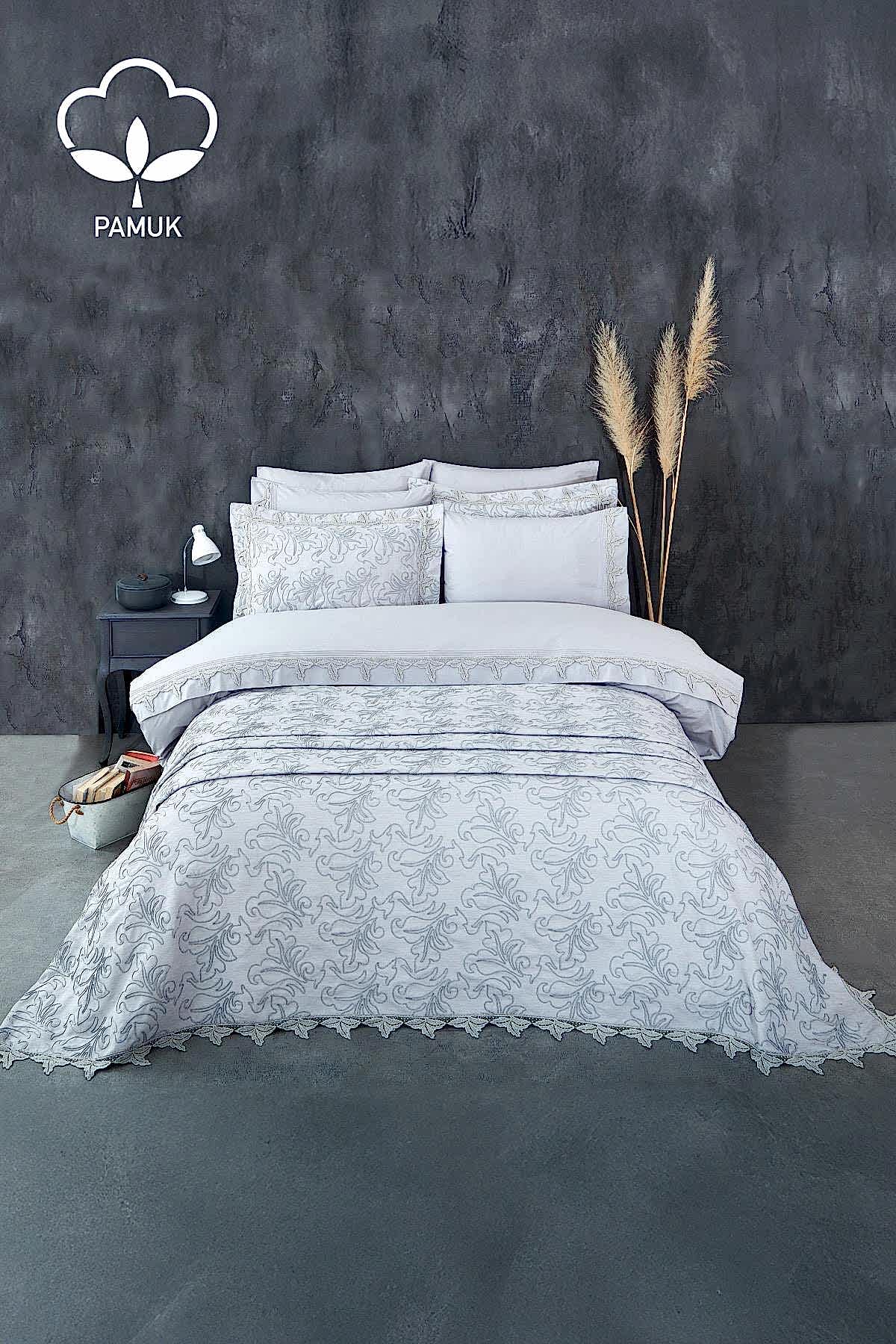 Ribera İşlemeli Çift Kişilik 9 Parça Nevresim + Pike Set - Nazik Home - Yuvama Değer!