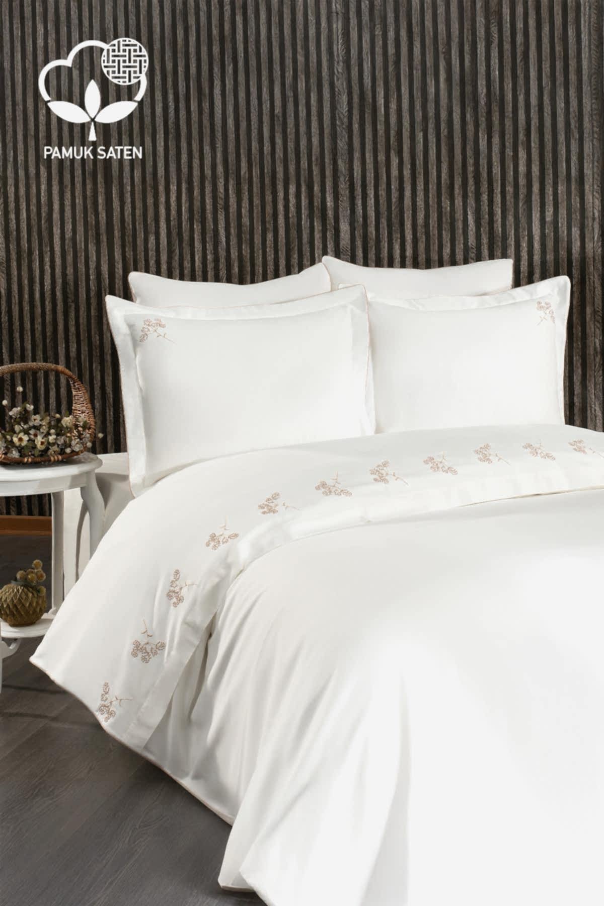 Sementa Çiçek Nakışlı Pamuk Saten King Size 6 Parça Nevresim Takımı - Nazik Home - Yuvama Değer!