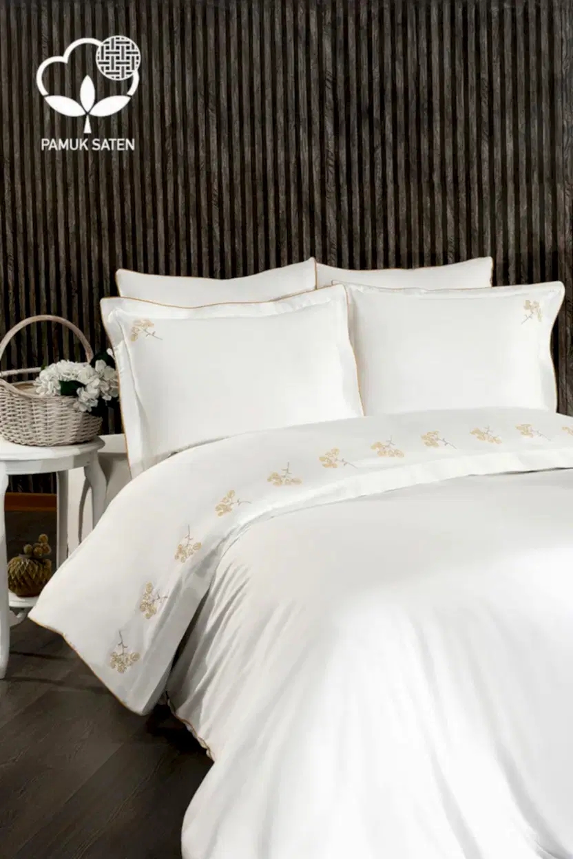 Sementa Çiçek Nakışlı Pamuk Saten Süper King Size 6 Parça Nevresim Takımı - Nazik Home - Yuvama Değer!
