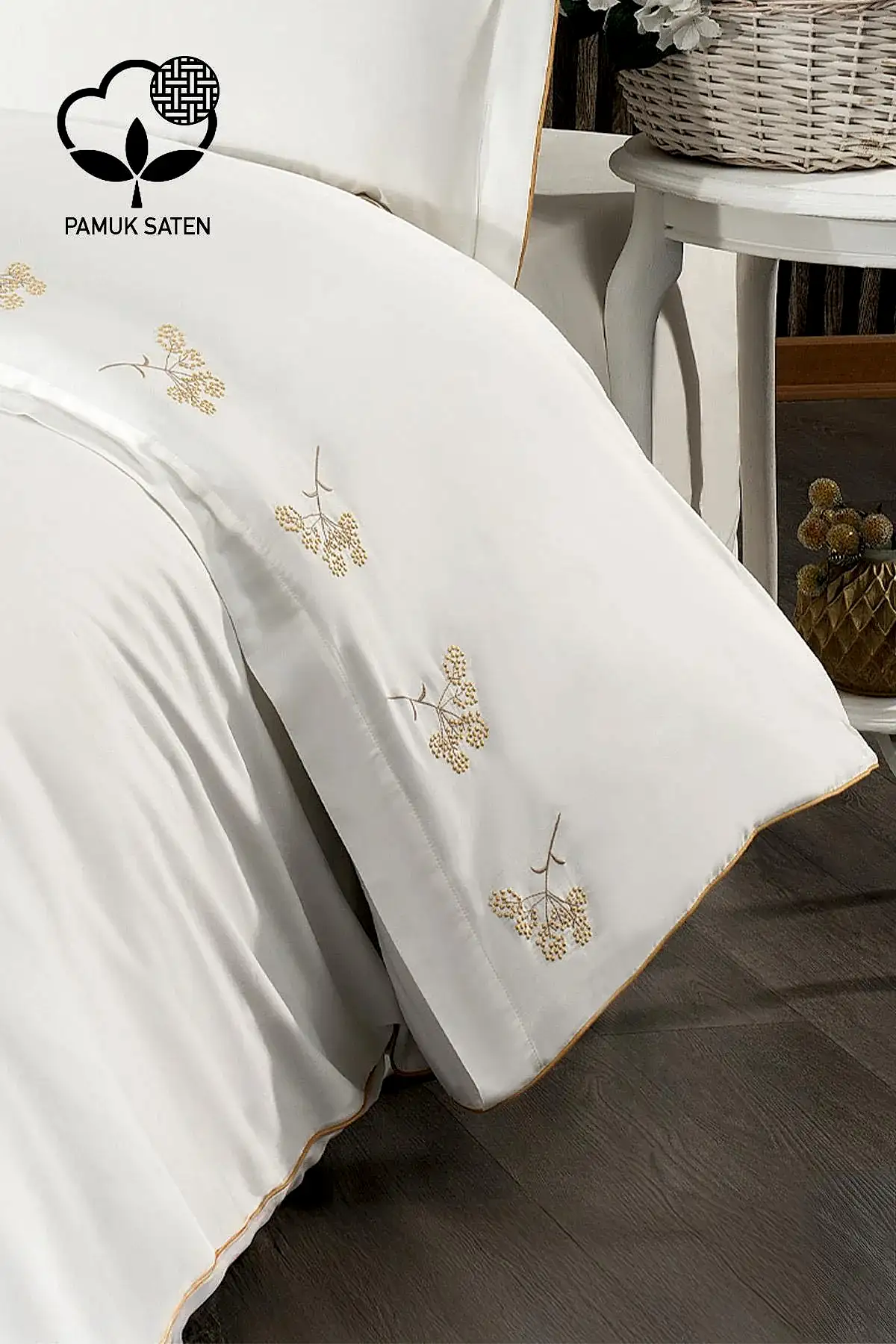 Sementa Çiçek Nakışlı Pamuk Saten Süper King Size 6 Parça Nevresim Takımı - Nazik Home - Yuvama Değer!