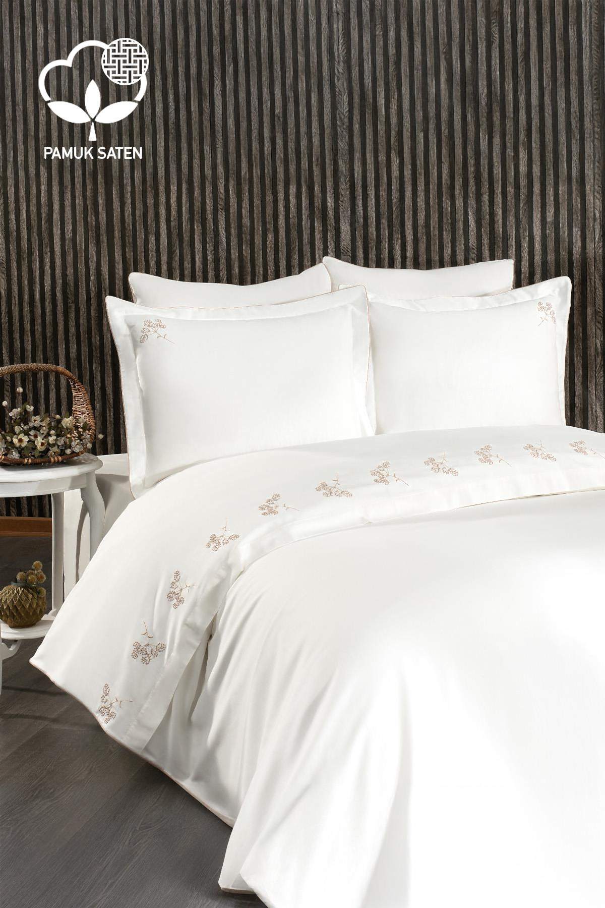 Sementa Çiçek Nakışlı Pamuk Saten Süper King Size 6 Parça Nevresim Takımı - Nazik Home - Yuvama Değer!