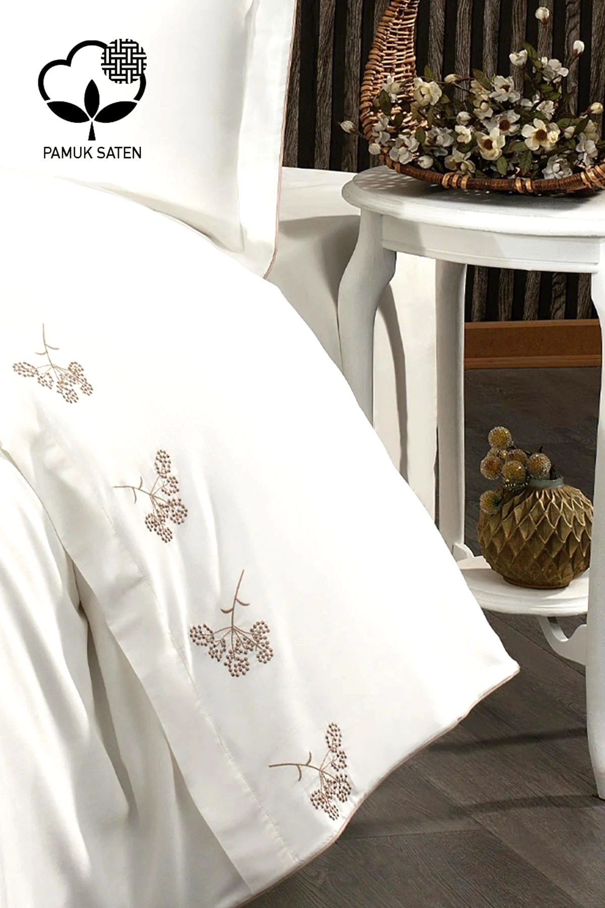 Sementa Çiçek Nakışlı Pamuk Saten Süper King Size 6 Parça Nevresim Takımı - Nazik Home - Yuvama Değer!