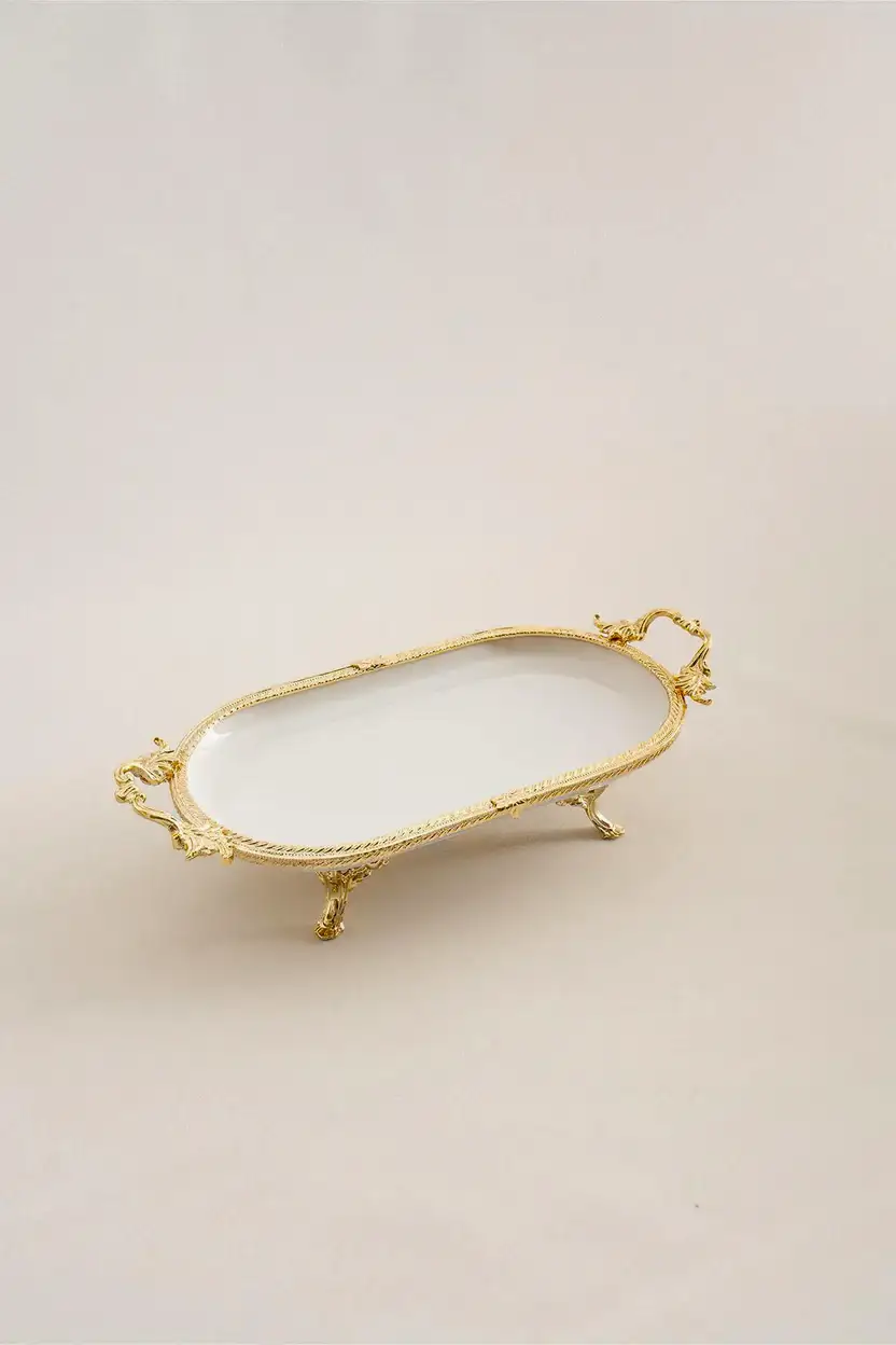 Sierra Altın Detaylı Kulplu Porselen Sunumluk Oval (30 x 16 cm) - Nazik Home - Yuvama Değer!