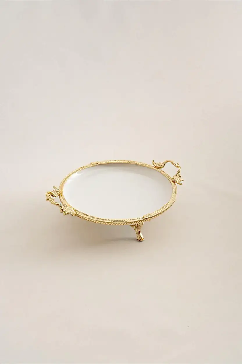 Sierra Altın Detaylı Kulplu Porselen Sunumluk Yuvarlak (25 cm) - Nazik Home - Yuvama Değer!