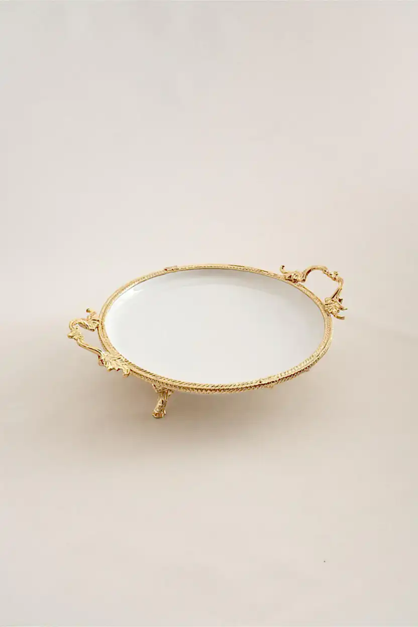 Sierra Altın Detaylı Kulplu Porselen Sunumluk Yuvarlak (29 cm) - Nazik Home - Yuvama Değer!