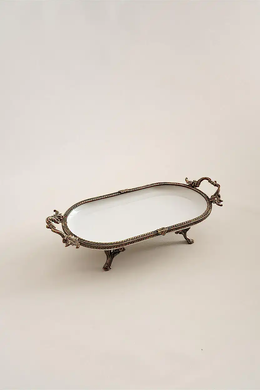 Sierra Eskitme Detaylı Kulplu Porselen Sunumluk Oval (30 x 16 cm) - Nazik Home - Yuvama Değer!
