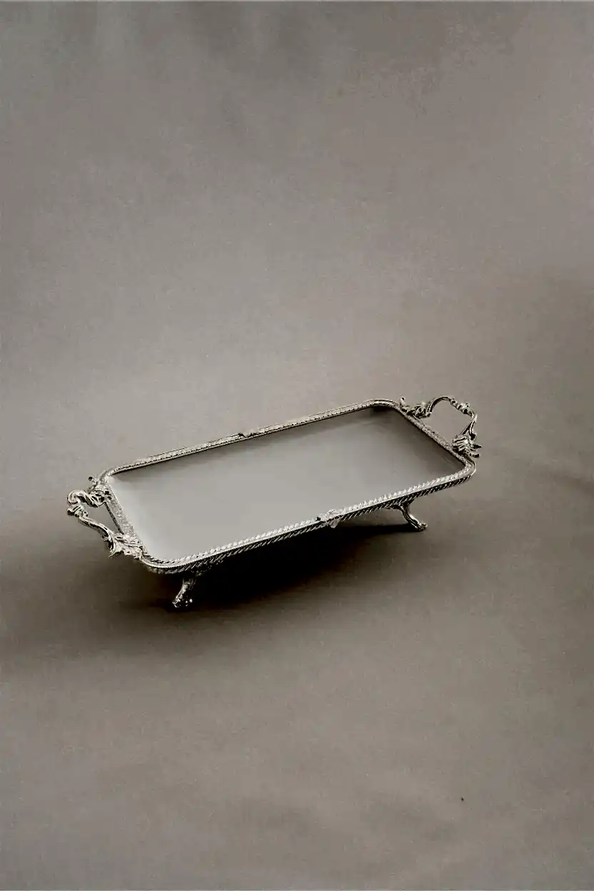 Sierra Gümüş Detaylı Kulplu Porselen Sunumluk Dikdörtgen (30 x 14 cm) - Nazik Home - Yuvama Değer!