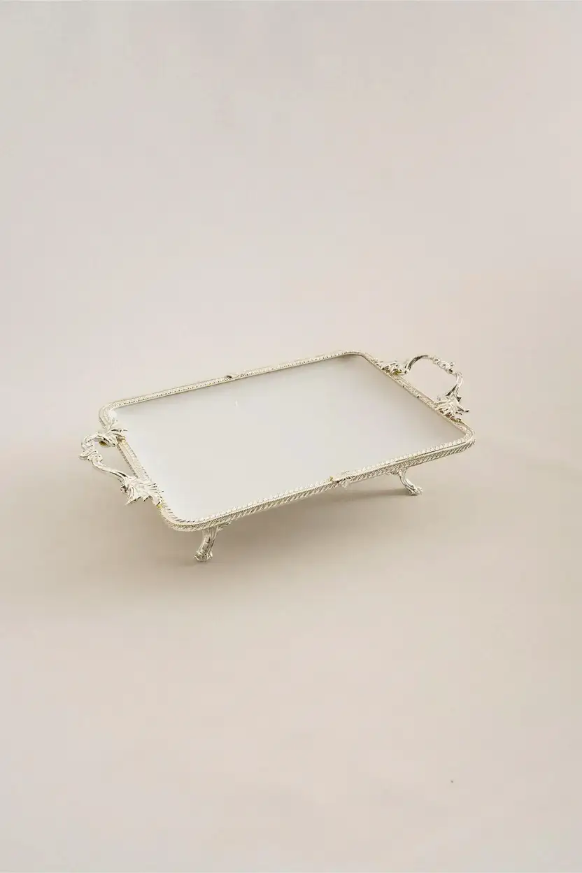 Sierra Gümüş Detaylı Kulplu Porselen Sunumluk Dikdörtgen (30 x 22 cm) - Nazik Home - Yuvama Değer!