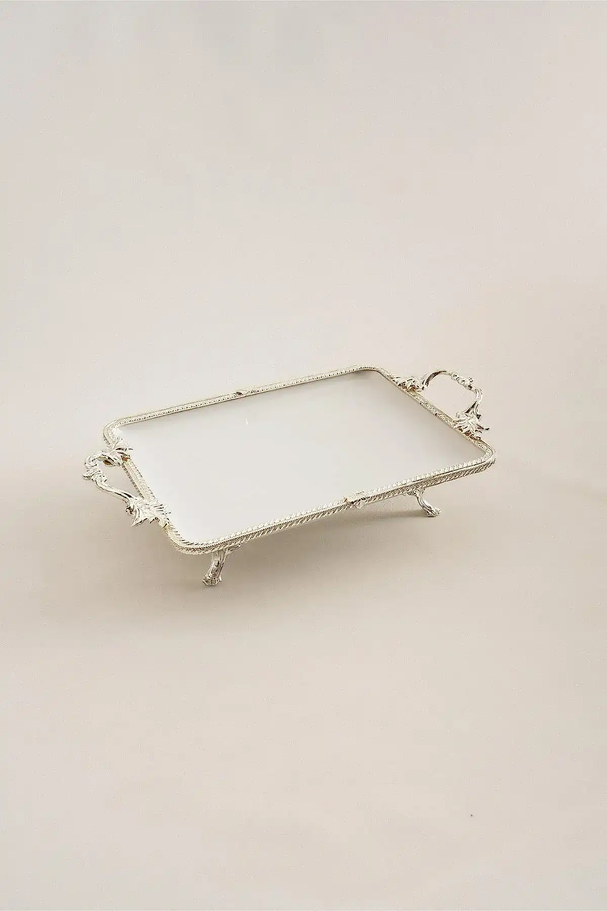 Sierra Gümüş Detaylı Kulplu Porselen Sunumluk Dikdörtgen (30 x 22 cm) - Nazik Home - Yuvama Değer!
