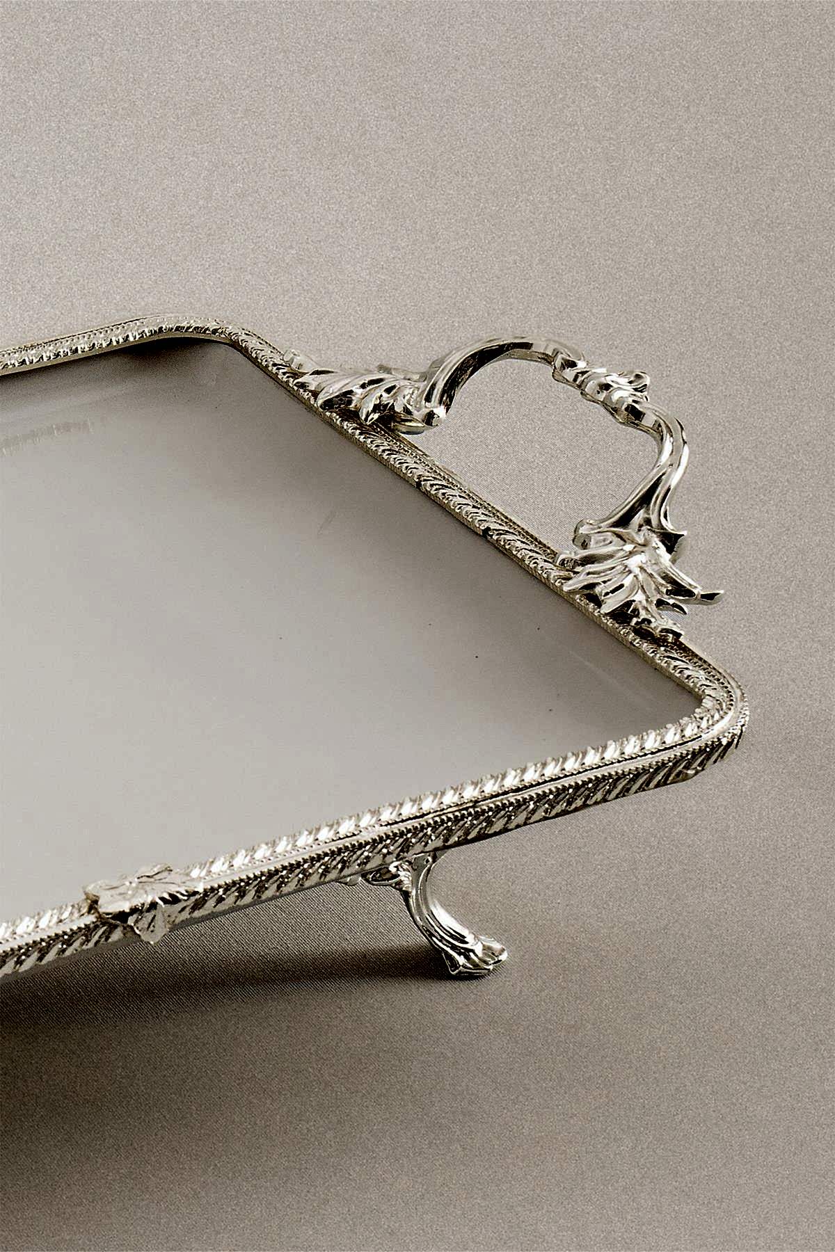 Sierra Gümüş Detaylı Kulplu Porselen Sunumluk Dikdörtgen (30 x 22 cm) - Nazik Home - Yuvama Değer!