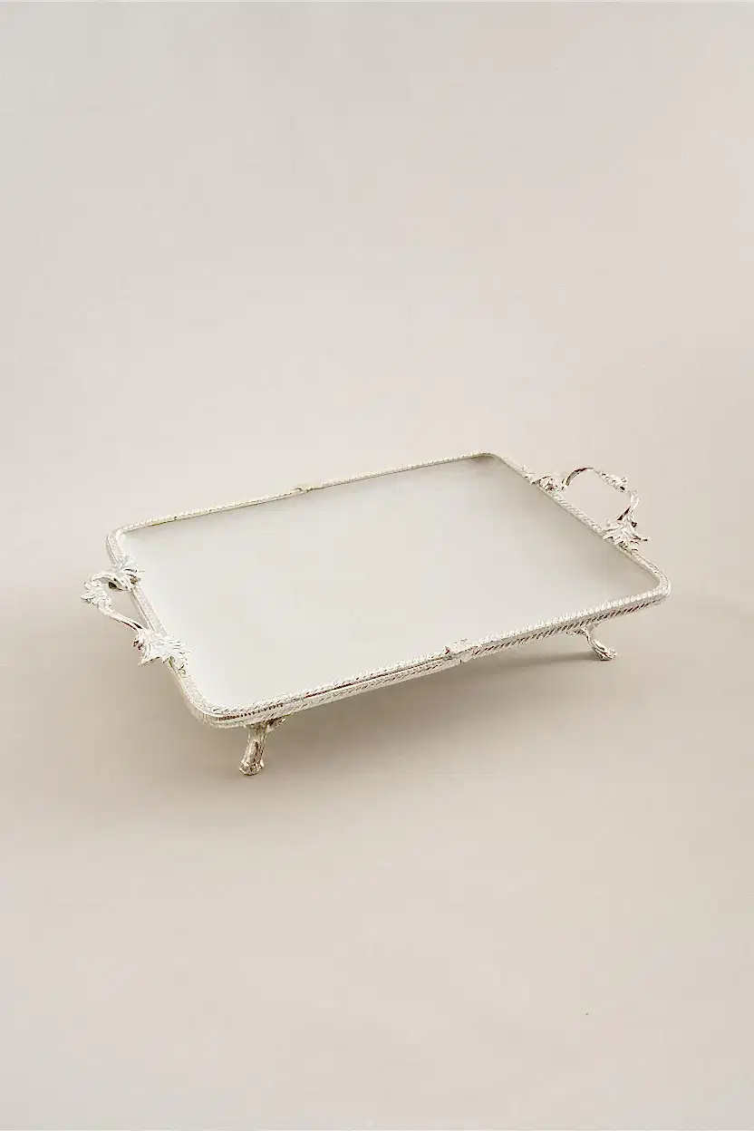 Sierra Gümüş Detaylı Kulplu Porselen Sunumluk Dikdörtgen (35 x 26 cm) - Nazik Home - Yuvama Değer!