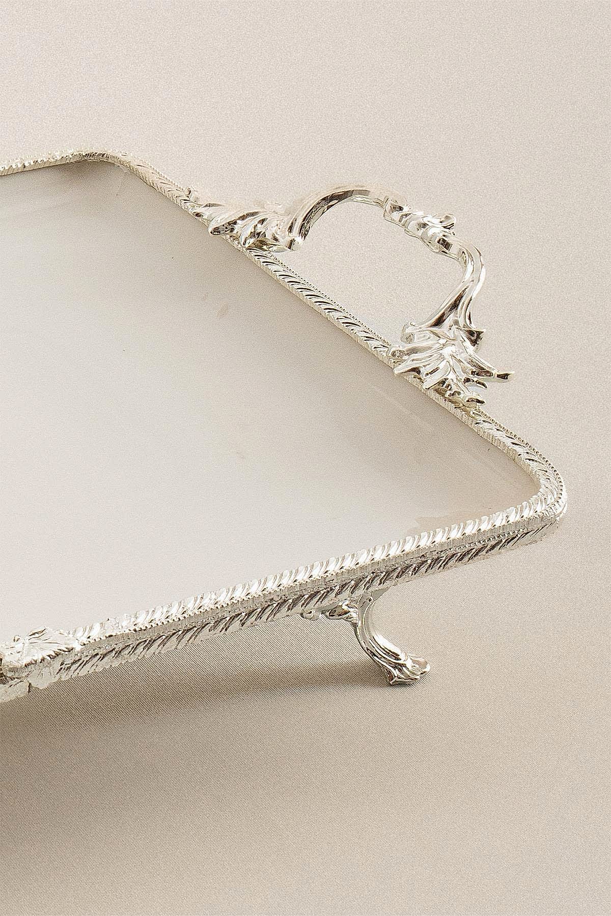 Sierra Gümüş Detaylı Kulplu Porselen Sunumluk Dikdörtgen (35 x 26 cm) - Nazik Home - Yuvama Değer!