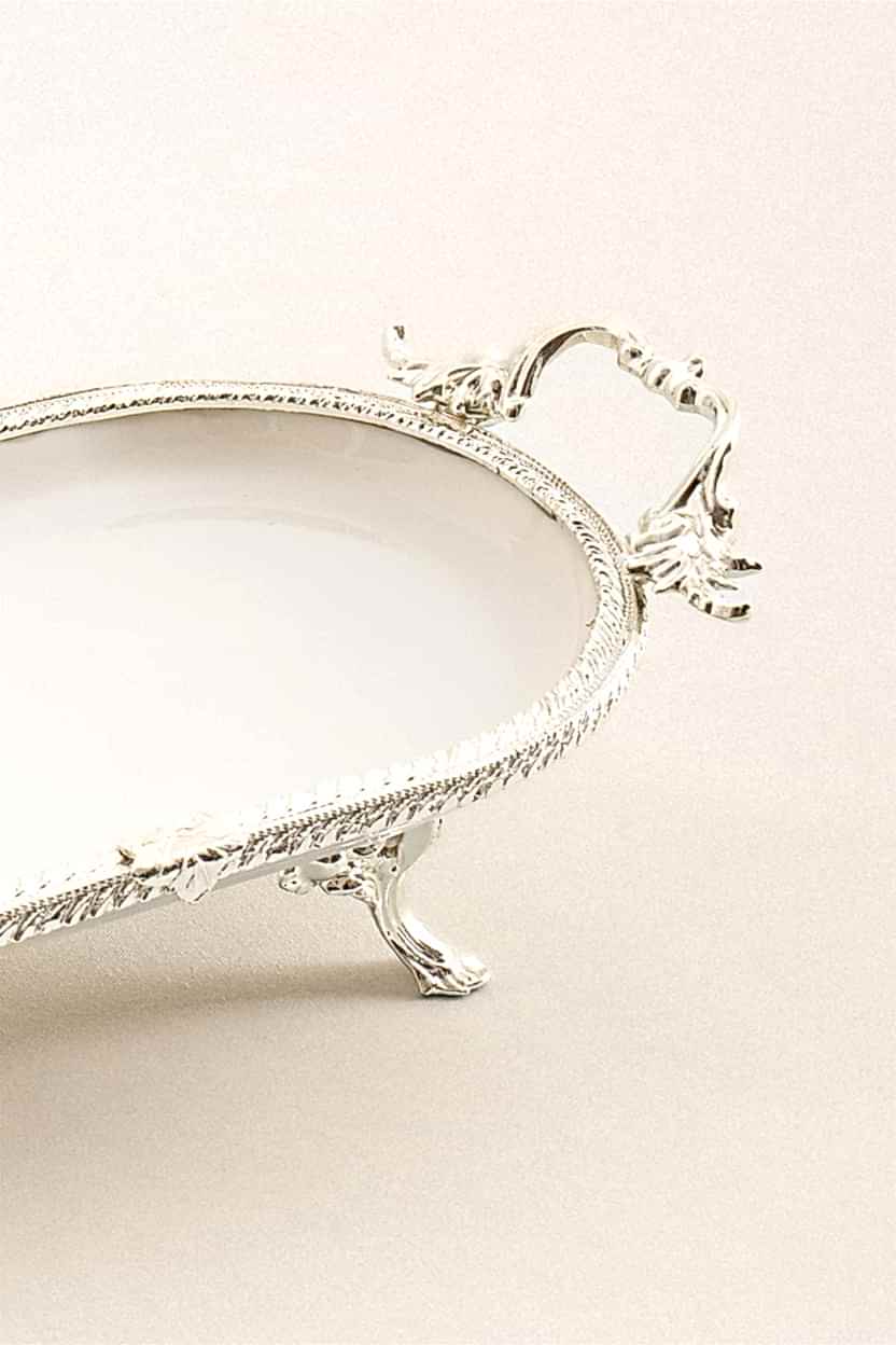 Sierra Gümüş Detaylı Kulplu Porselen Sunumluk Oval (25 x 15 cm) - Nazik Home - Yuvama Değer!