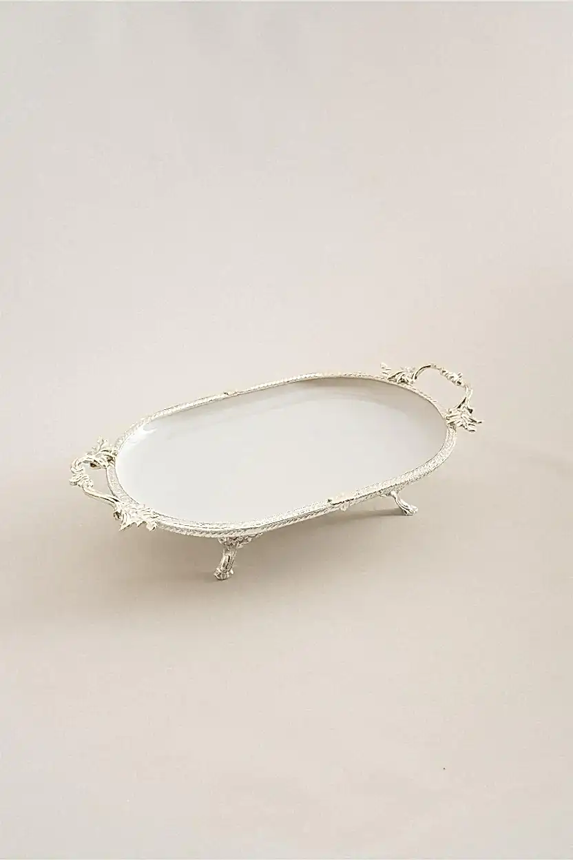 Sierra Gümüş Detaylı Kulplu Porselen Sunumluk Oval (33 x 21 cm) - Nazik Home - Yuvama Değer!