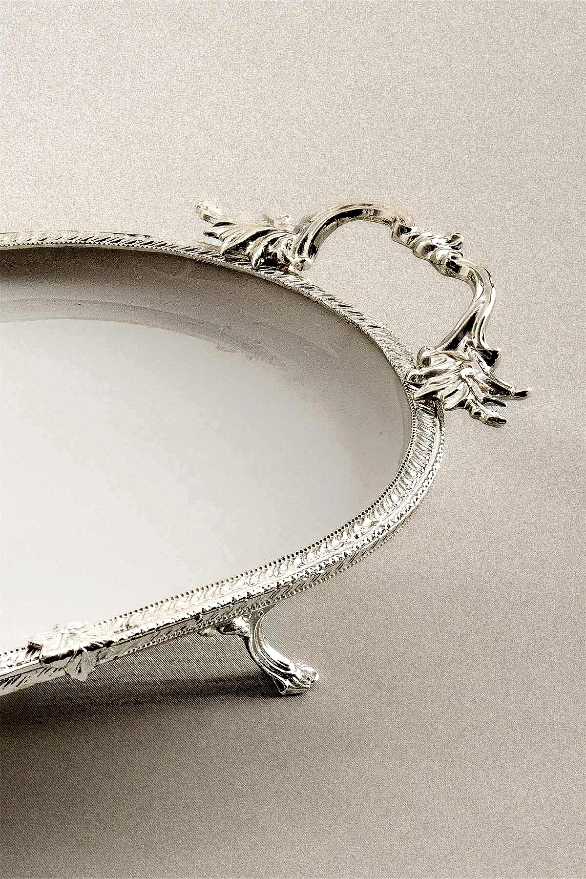 Sierra Gümüş Detaylı Kulplu Porselen Sunumluk Oval (33 x 21 cm) - Nazik Home - Yuvama Değer!