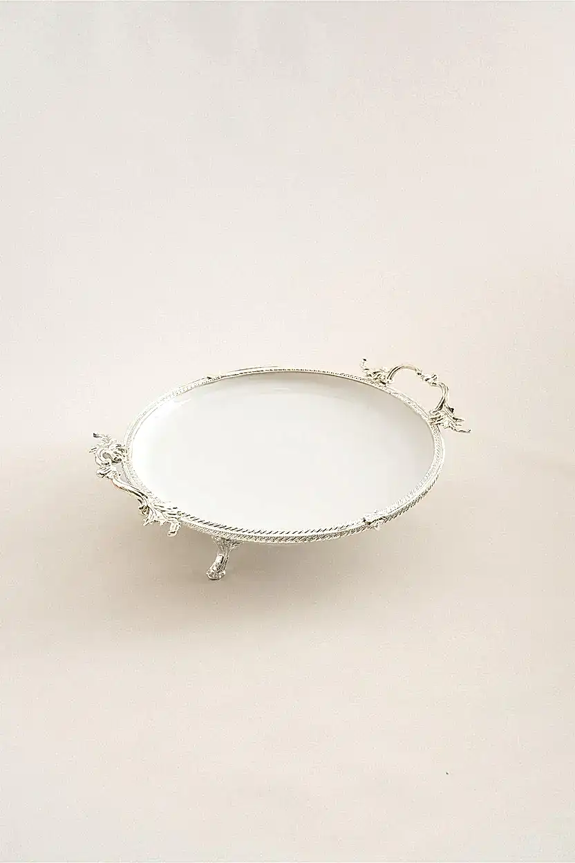 Sierra Gümüş Detaylı Kulplu Porselen Sunumluk Yuvarlak (29 cm) - Nazik Home - Yuvama Değer!