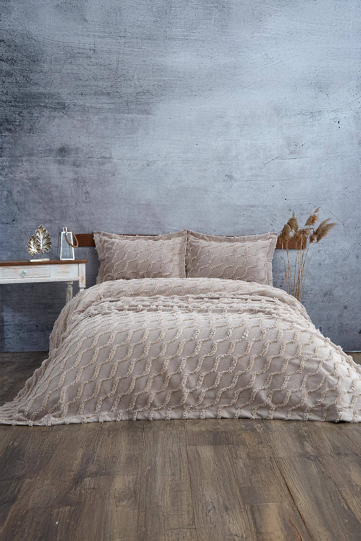 Terra Pelüş Keten Dokulu Çift Kişilik Yatak Örtüsü - Nazik Home - Yuvama Değer!