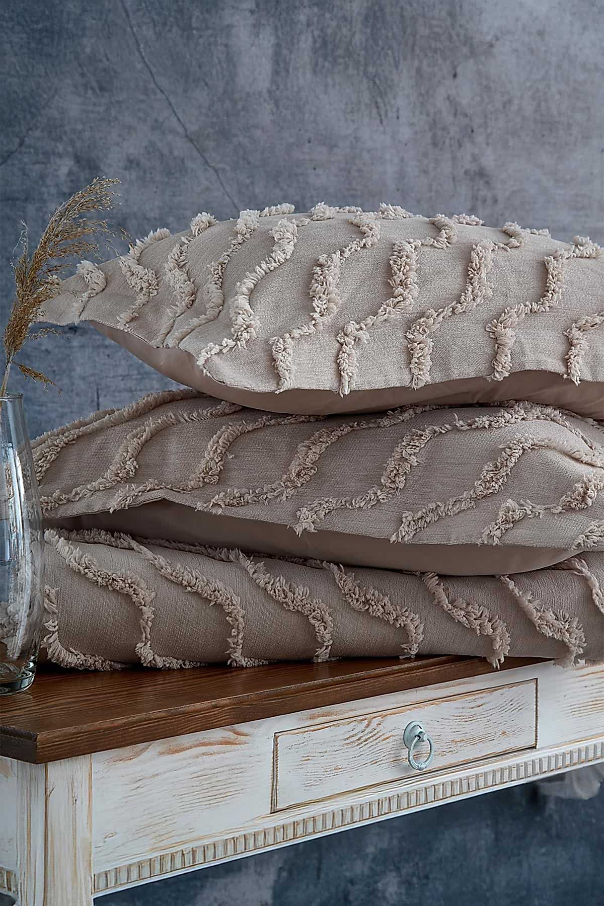 Terra Pelüş Keten Dokulu Çift Kişilik Yatak Örtüsü - Nazik Home - Yuvama Değer!