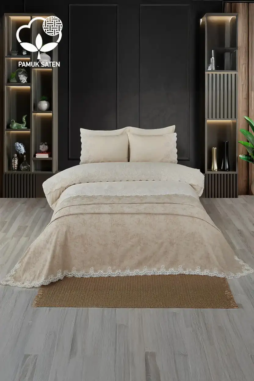 Tienda İşlemeli Çift Kişilik 7 Parça Nevresim + Pike Set - Nazik Home - Yuvama Değer!