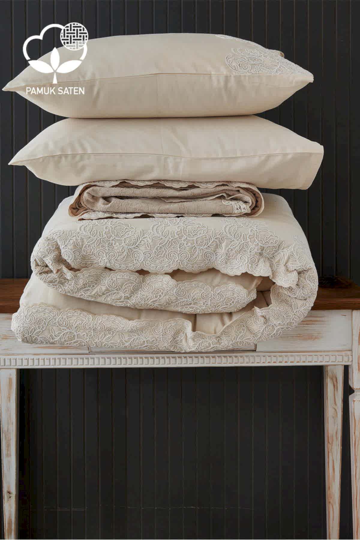 Tienda İşlemeli Çift Kişilik 7 Parça Nevresim + Pike Set - Nazik Home - Yuvama Değer!