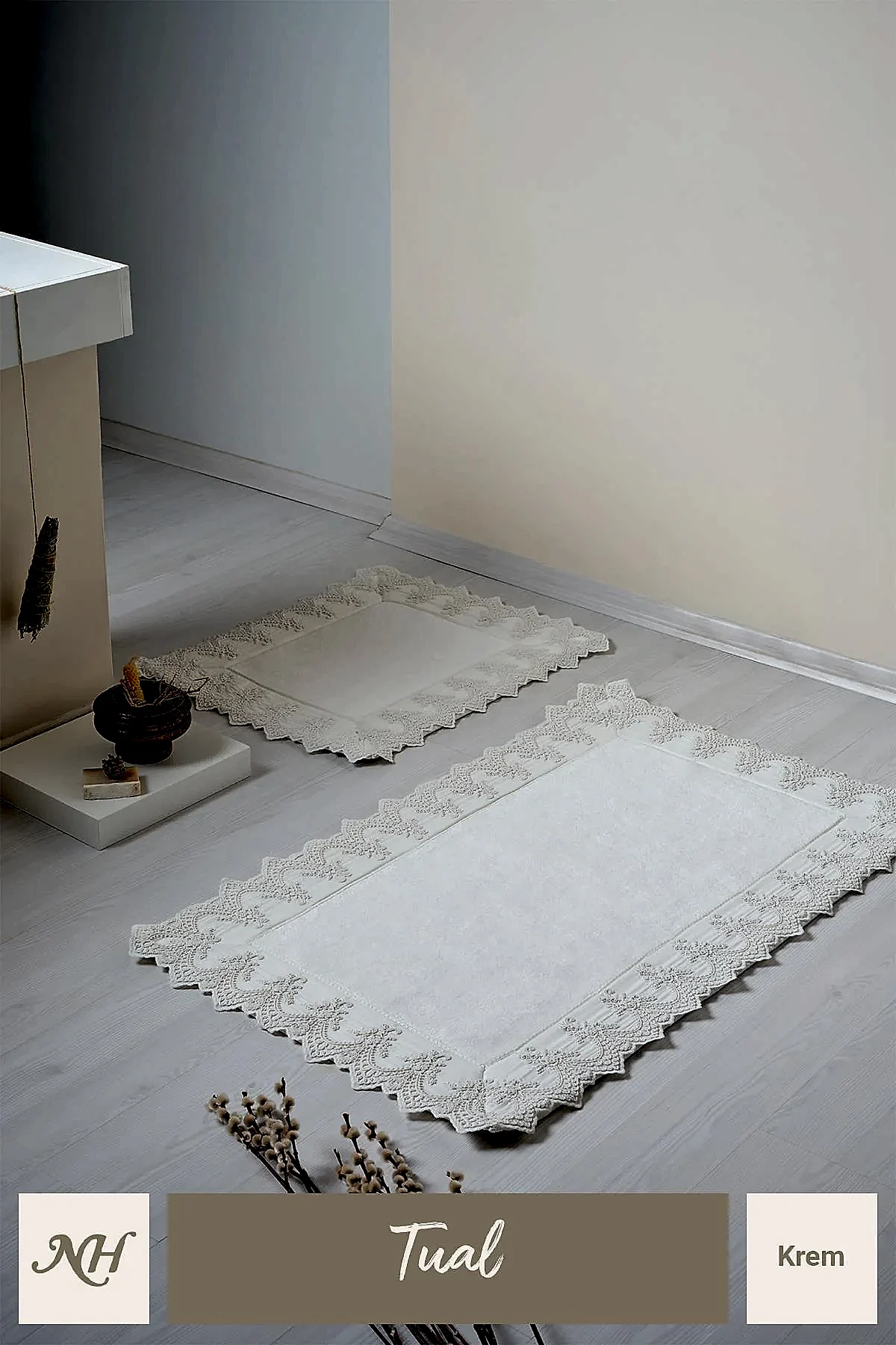 Tual İşlemeli 2'li Paspas Set (60 x 100 cm) - Nazik Home - Yuvama Değer!