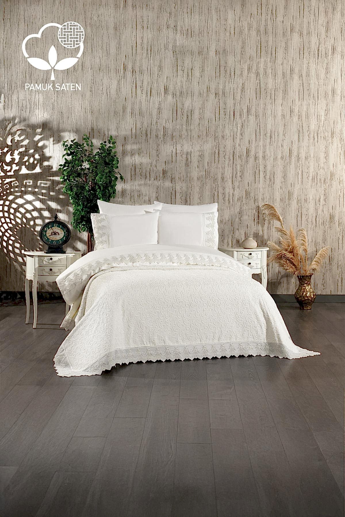 Tual İşlemeli Süper King Size 7 Parça Nevresim + Pike Set - Nazik Home - Yuvama Değer!