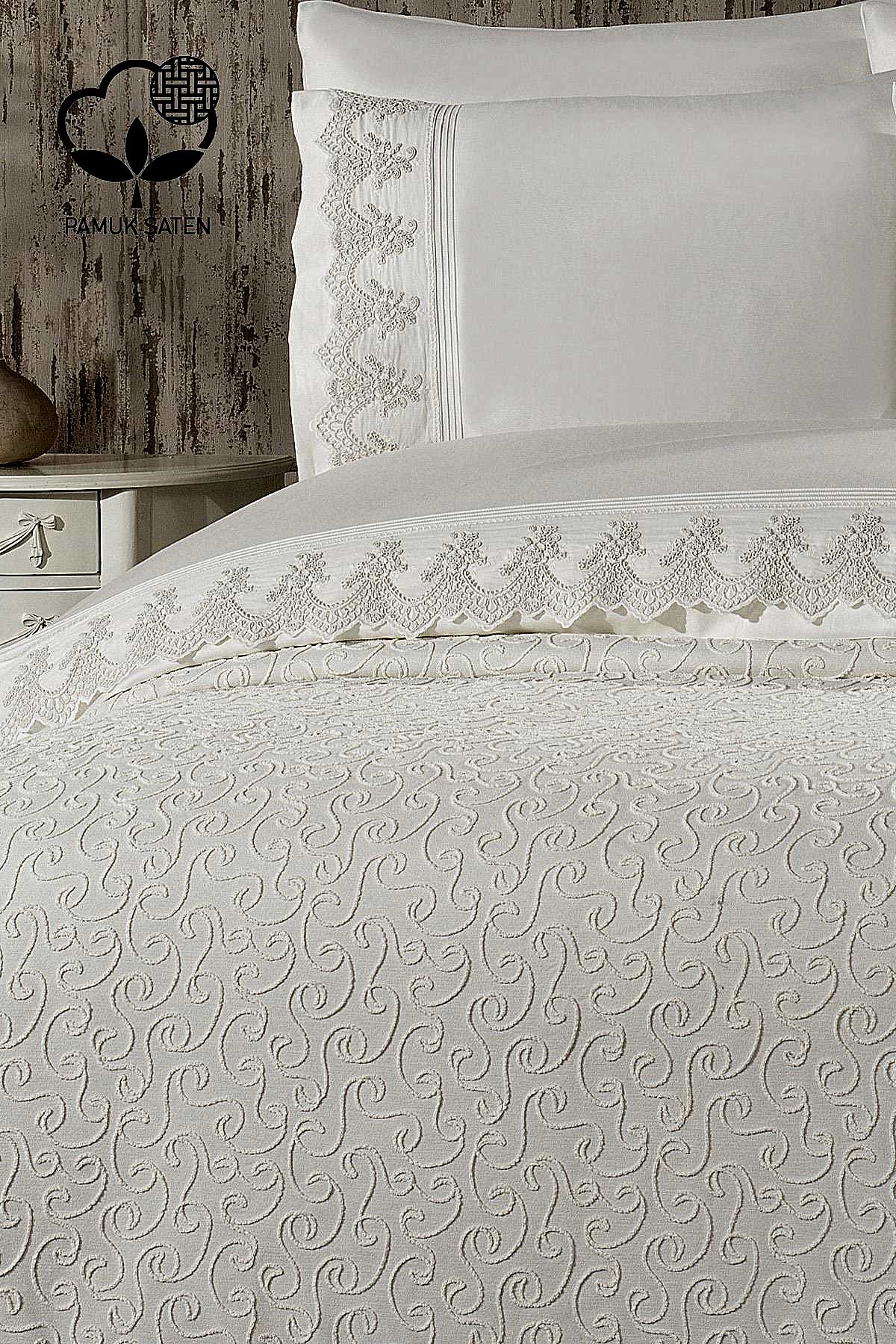 Tual İşlemeli Süper King Size 7 Parça Nevresim + Pike Set - Nazik Home - Yuvama Değer!