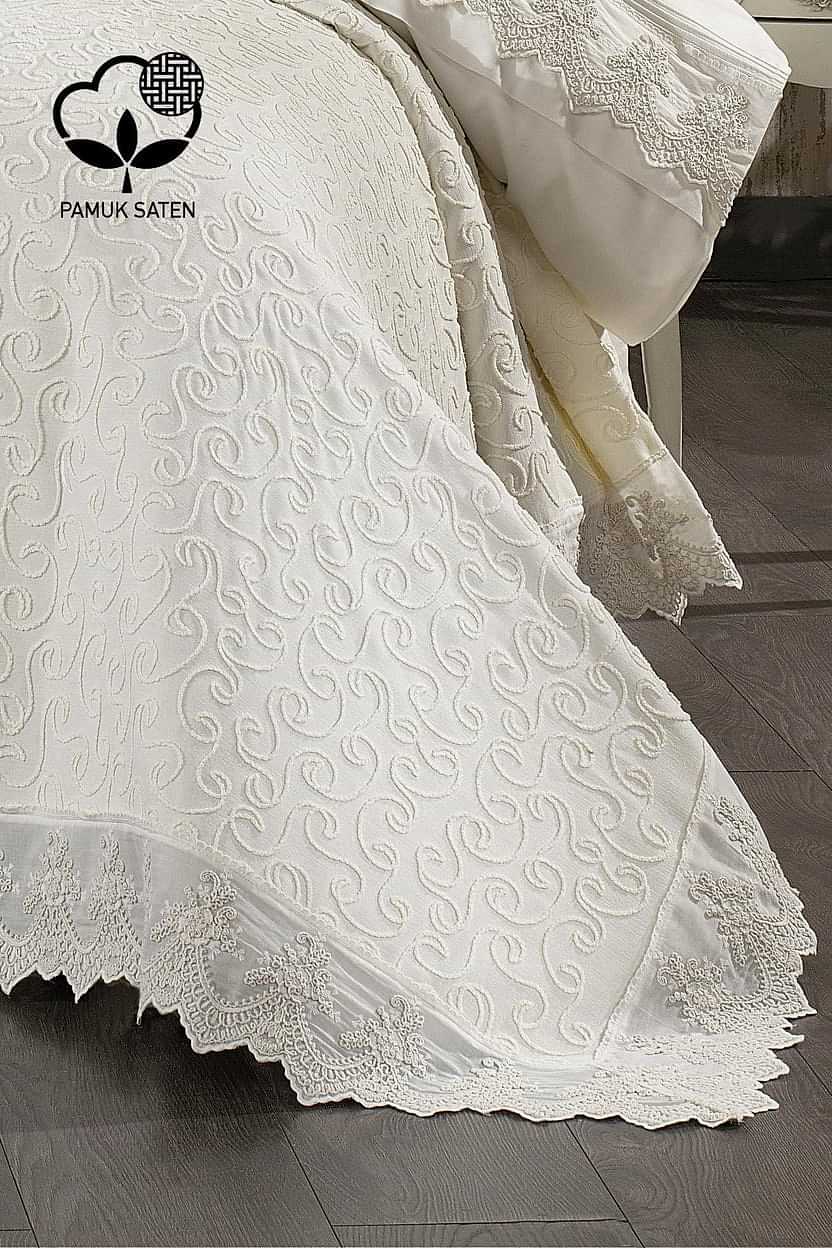 Tual İşlemeli Süper King Size 7 Parça Nevresim + Pike Set - Nazik Home - Yuvama Değer!