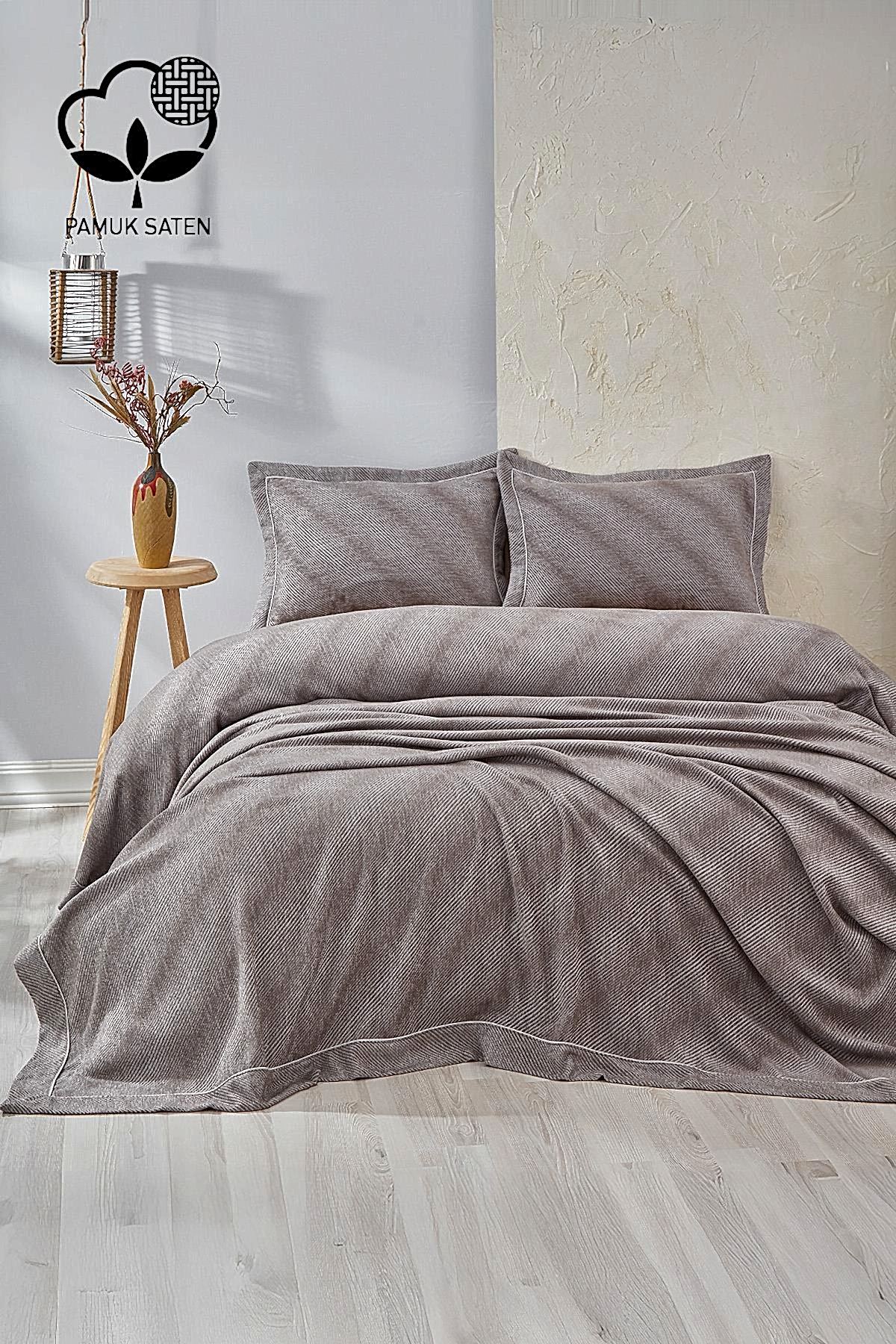 Volga Çizgili Pamuklu Çift Kişilik Yatak Örtüsü - Nazik Home - Yuvama Değer!